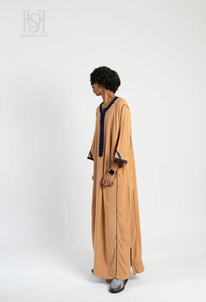 Men’s Moroccan Thobe - Peach with Sapphire Embroidery