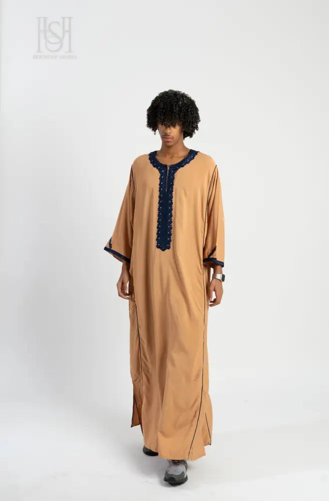 Men’s Moroccan Thobe - Peach with Sapphire Embroidery