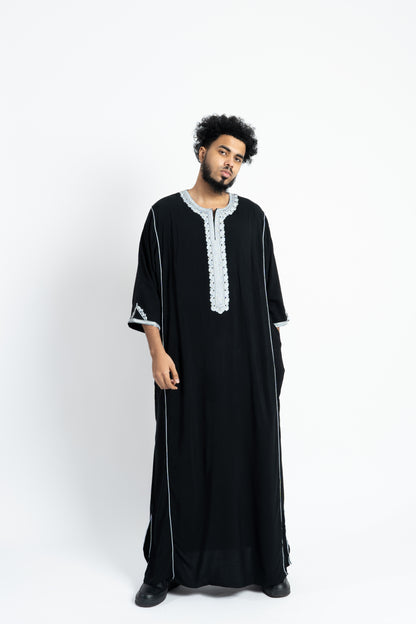 Men’s Moroccan Thobe - Black with Silver Embroidery