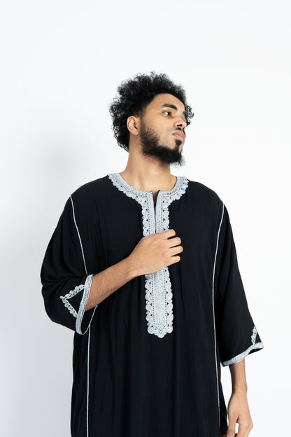 Men’s Moroccan Thobe - Black with Silver Embroidery