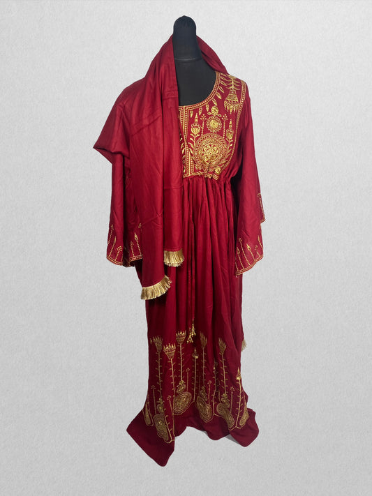 Crimson Embroidered Kaftan With Golden Tassel Wrap