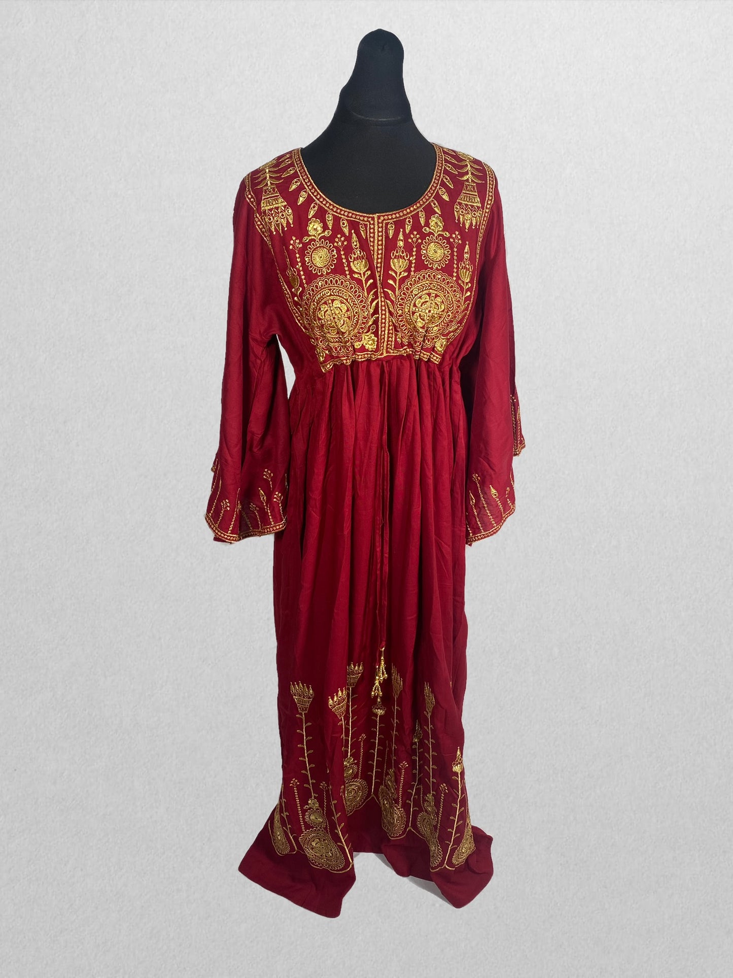 Crimson Embroidered Kaftan With Golden Tassel Wrap