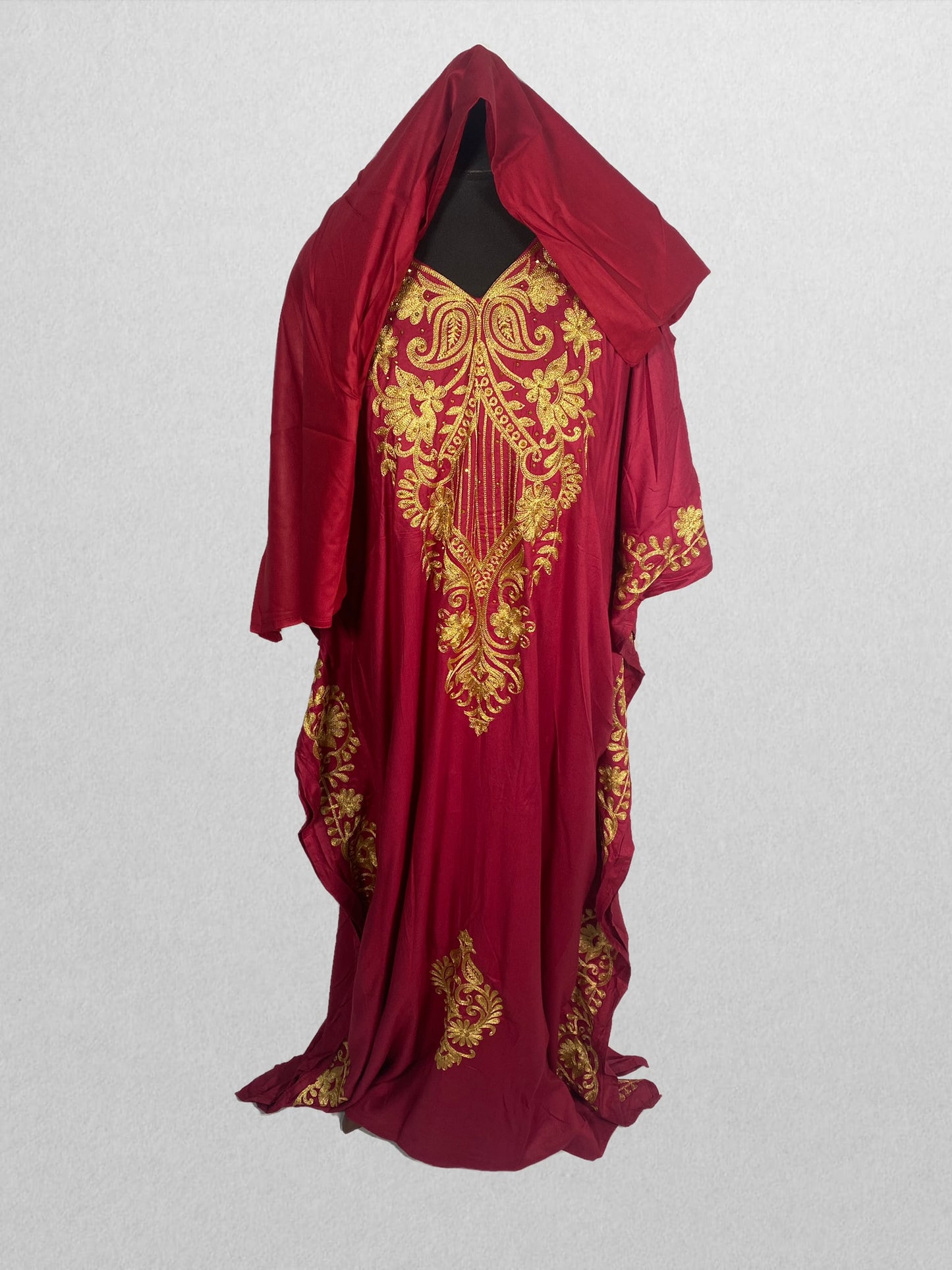 Scarlet Elegance Embroidered Kaftan with Tassel Head Wrap