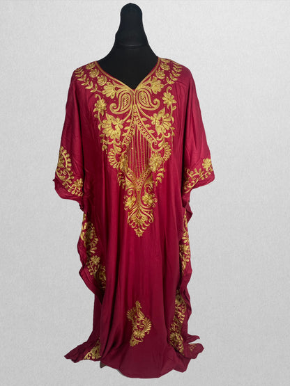 Scarlet Elegance Embroidered Kaftan with Tassel Head Wrap