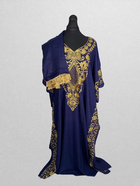 Royal Blue Elegance Embroidered Kaftan with Tassel Head Wrap