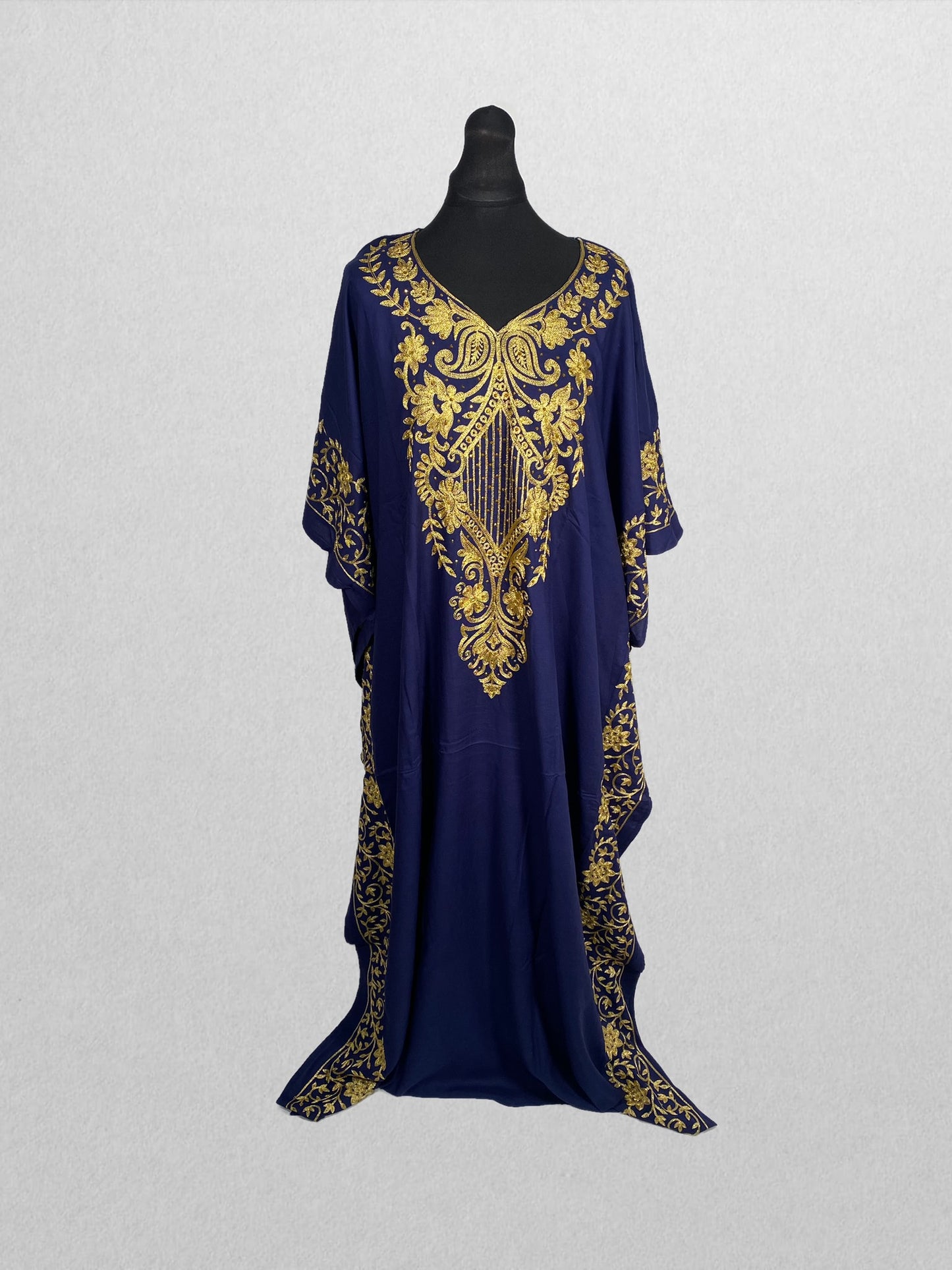 Royal Blue Elegance Embroidered Kaftan with Tassel Head Wrap