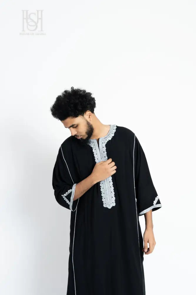Men’s Moroccan Thobe - Black with Silver Embroidery