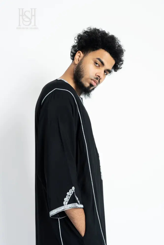 Men’s Moroccan Thobe - Black with Silver Embroidery