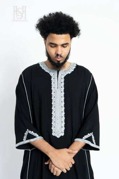 Men’s Moroccan Thobe - Black with Silver Embroidery