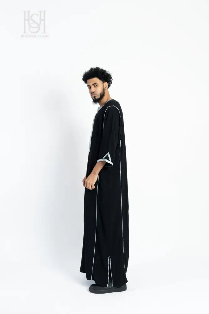 Men’s Moroccan Thobe - Black with Silver Embroidery