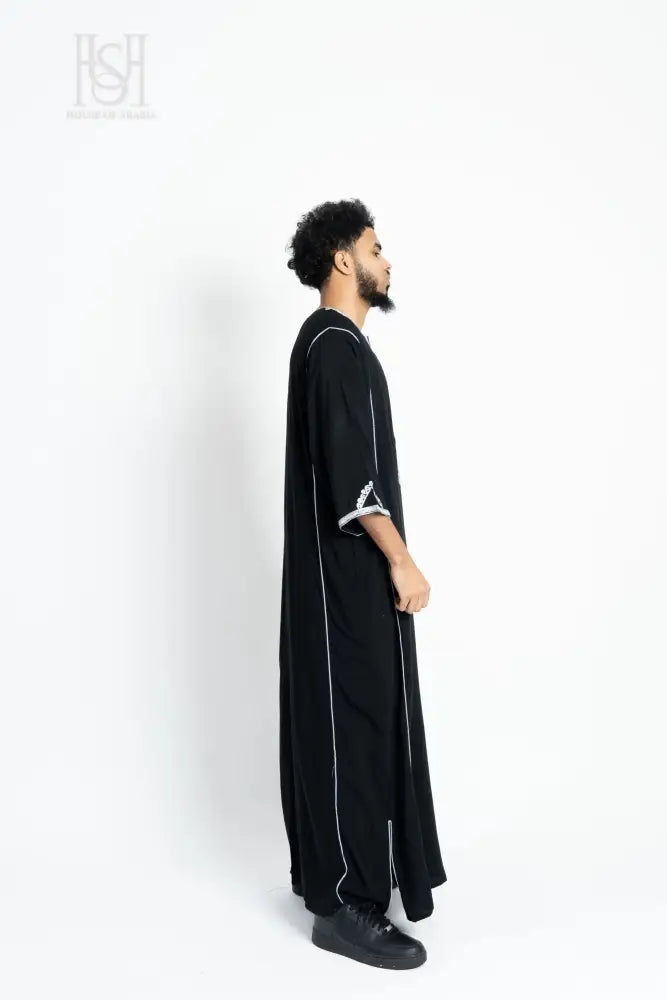 Men’s Moroccan Thobe - Black with Silver Embroidery
