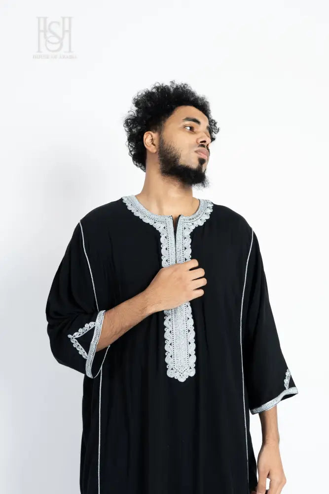 Men’s Moroccan Thobe - Black with Silver Embroidery
