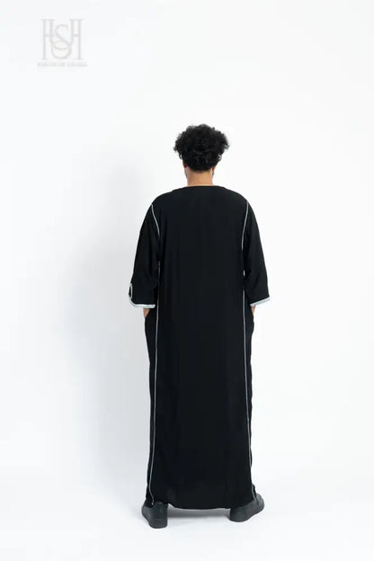 Men’s Moroccan Thobe - Black with Silver Embroidery