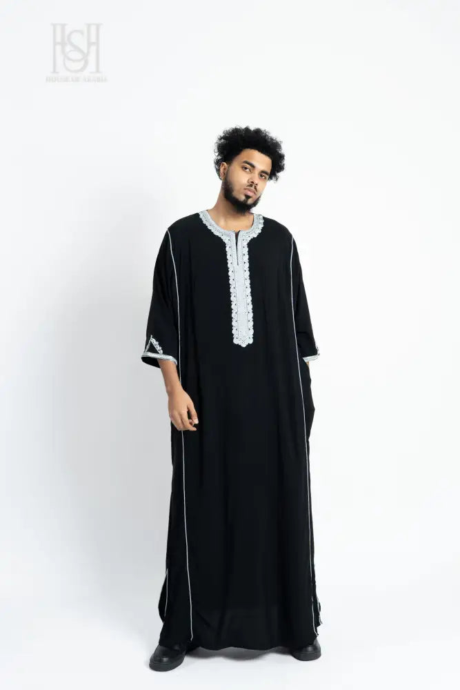 Men’s Moroccan Thobe - Black with Silver Embroidery