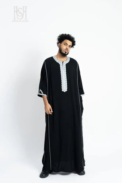 Men’s Moroccan Thobe - Black with Silver Embroidery