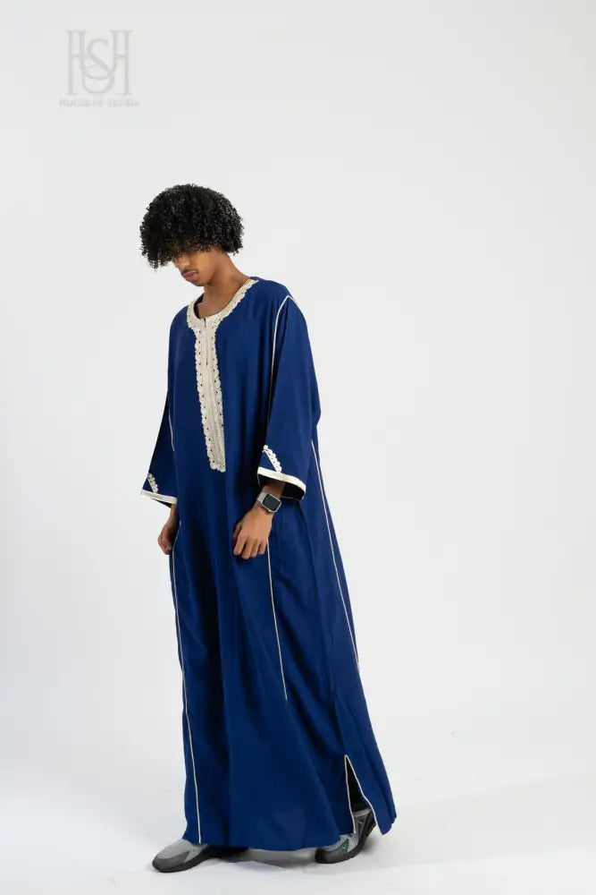 Men’s Moroccan Thobe - Blue with Pearl Embroidery