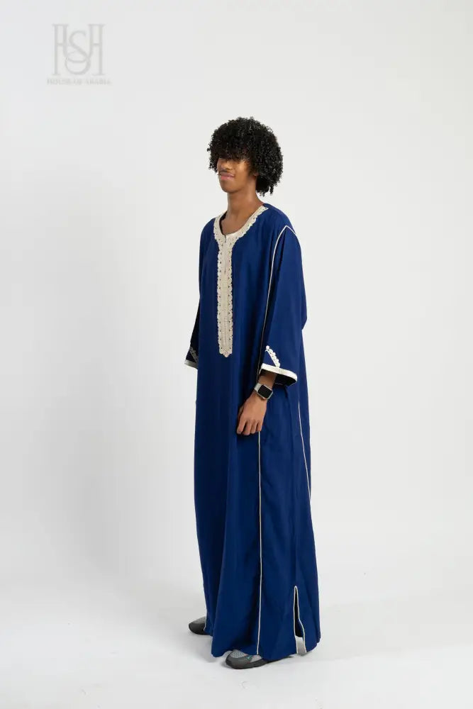 Men’s Moroccan Thobe - Blue with Pearl Embroidery
