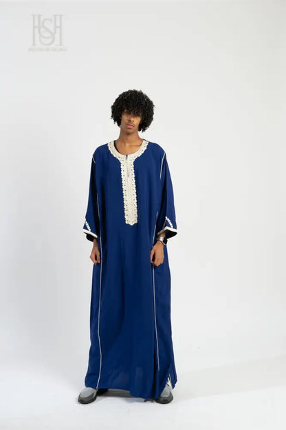 Men’s Moroccan Thobe - Blue with Pearl Embroidery