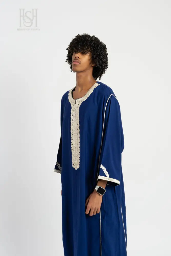 Men’s Moroccan Thobe - Blue with Pearl Embroidery