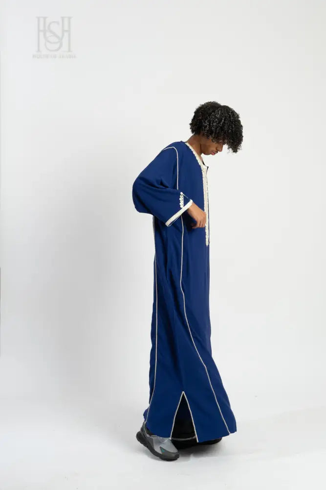 Men’s Moroccan Thobe - Blue with Pearl Embroidery