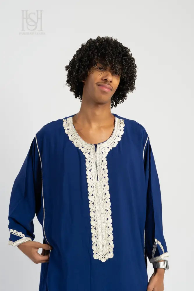 Men’s Moroccan Thobe - Blue with Pearl Embroidery