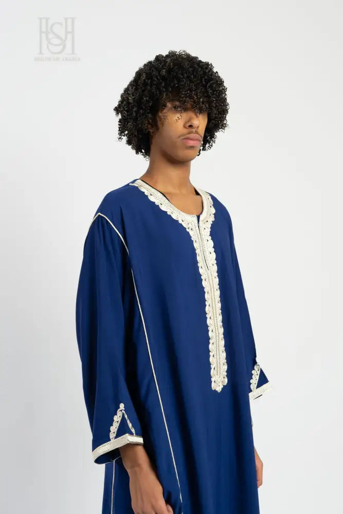 Men’s Moroccan Thobe - Blue with Pearl Embroidery
