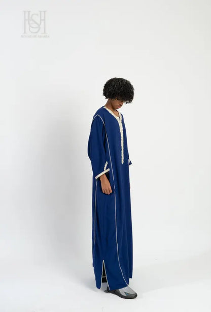 Men’s Moroccan Thobe - Blue with Pearl Embroidery