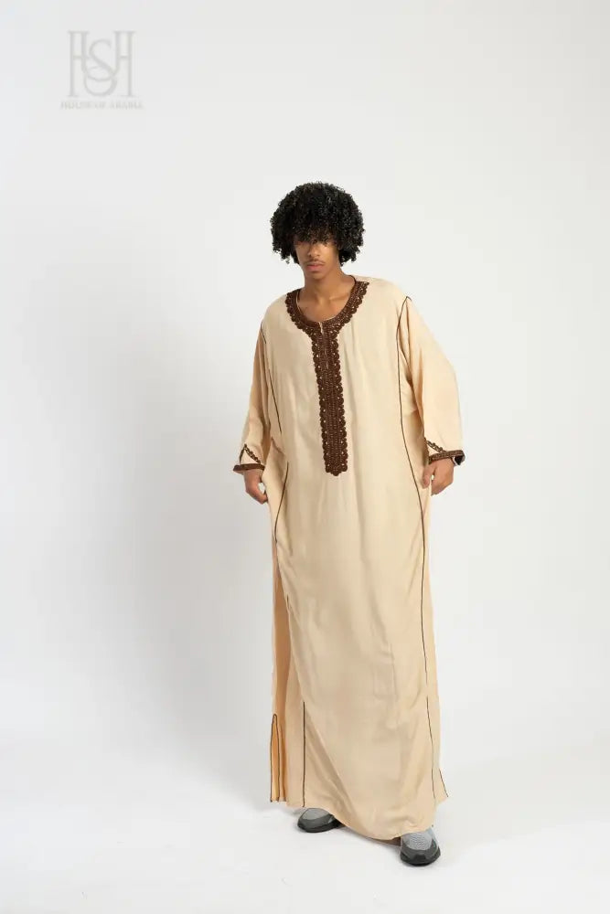 Men’s Moroccan Thobe - Cream with Bronze Embroidery
