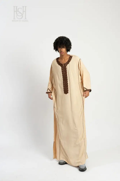 Men’s Moroccan Thobe - Cream with Bronze Embroidery