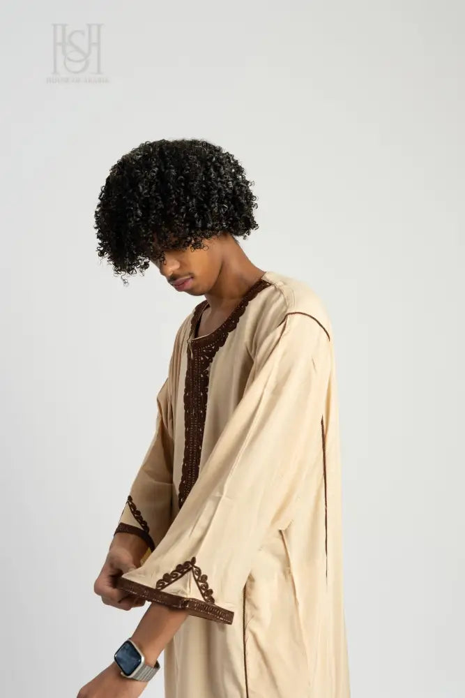 Men’s Moroccan Thobe - Cream with Bronze Embroidery