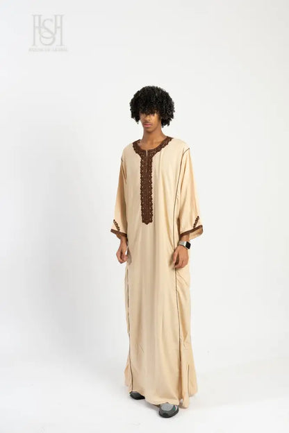 Men’s Moroccan Thobe - Cream with Bronze Embroidery