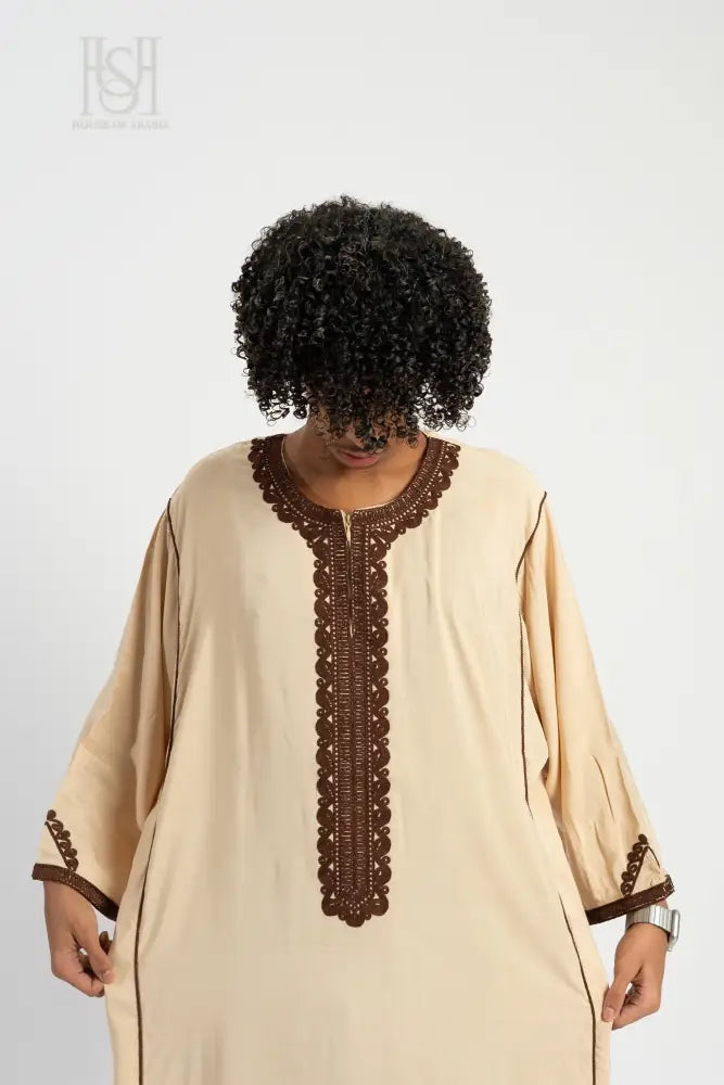 Men’s Moroccan Thobe - Cream with Bronze Embroidery