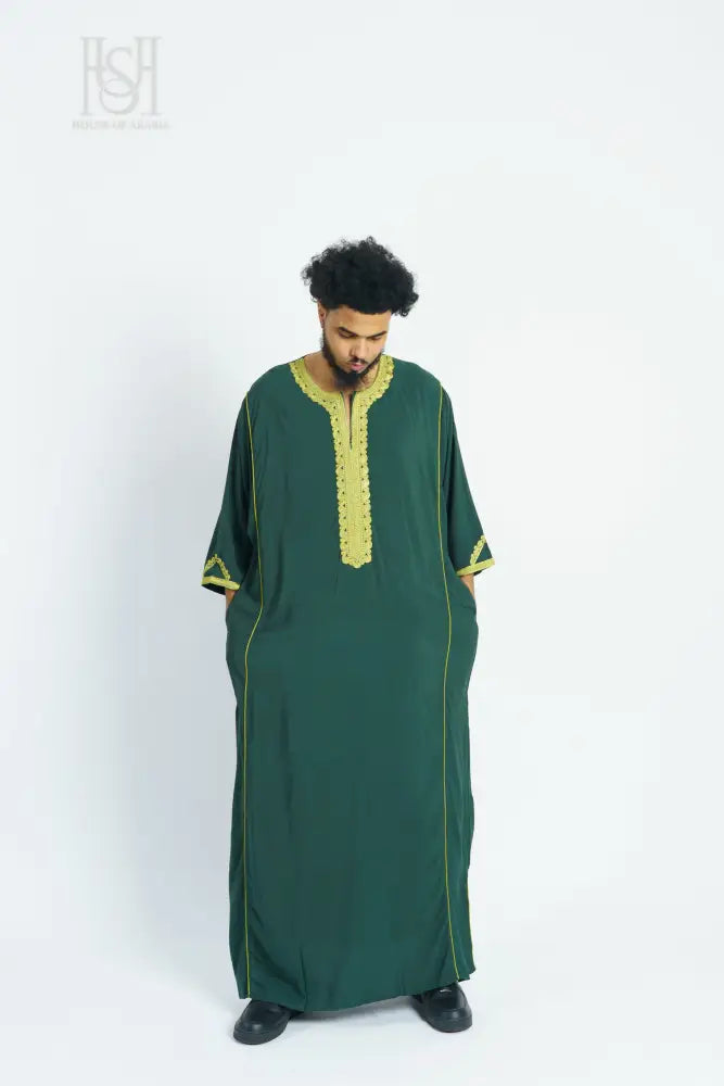 Men’s Moroccan Thobe - Green with Green-Gold Embroidery