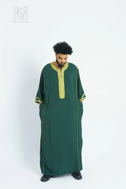 Men’s Moroccan Thobe - Green with Green-Gold Embroidery