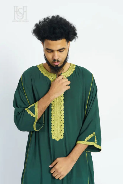 Men’s Moroccan Thobe - Green with Green-Gold Embroidery