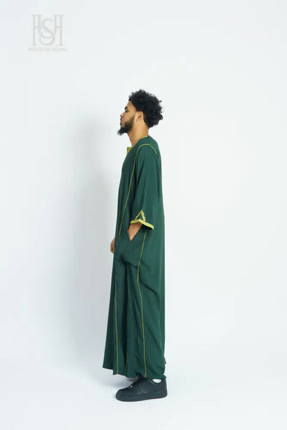 Men’s Moroccan Thobe - Green with Green-Gold Embroidery