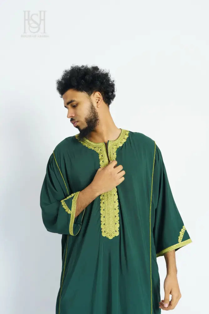 Men’s Moroccan Thobe - Green with Green-Gold Embroidery