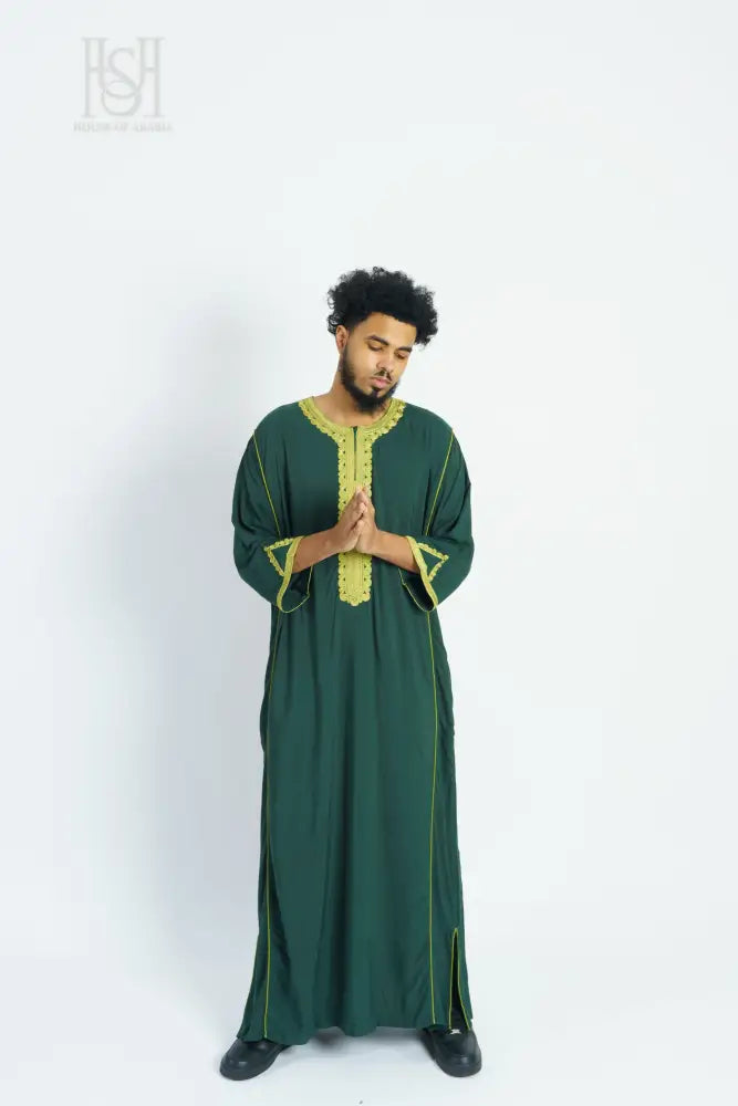 Men’s Moroccan Thobe - Green with Green-Gold Embroidery