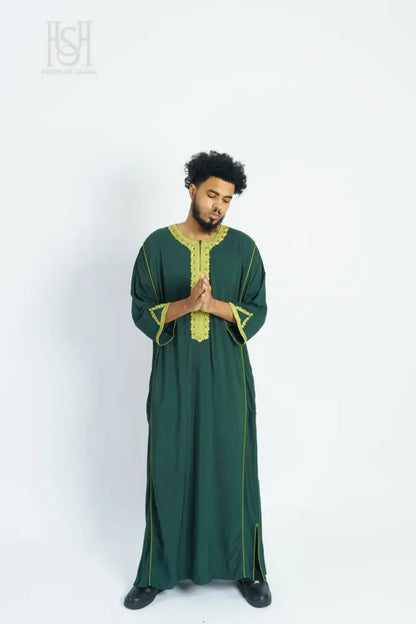 Men’s Moroccan Thobe - Green with Green-Gold Embroidery