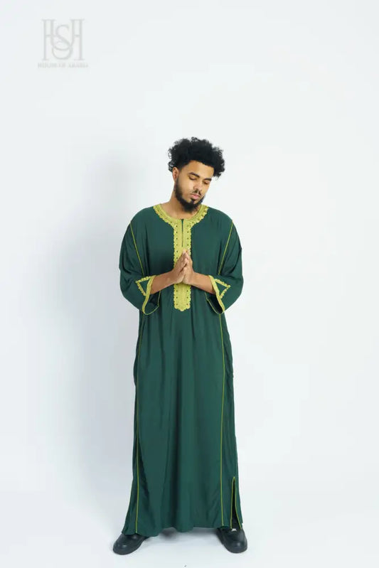 Men’s Moroccan Thobe - Green with Green-Gold Embroidery