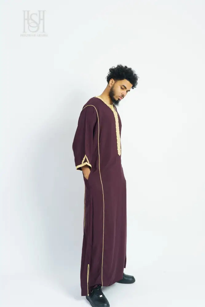 Men’s Moroccan Thobe - Maroon with Gold Embroidery