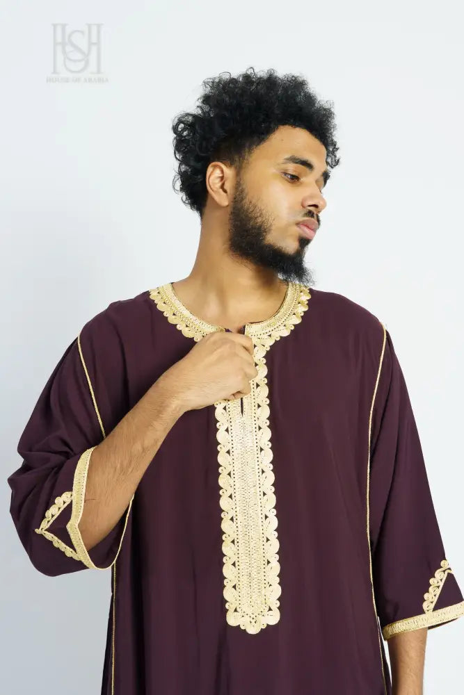 Men’s Moroccan Thobe - Maroon with Gold Embroidery