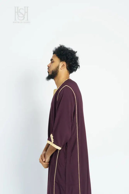 Men’s Moroccan Thobe - Maroon with Gold Embroidery