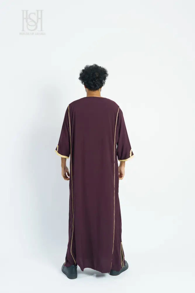 Men’s Moroccan Thobe - Maroon with Gold Embroidery