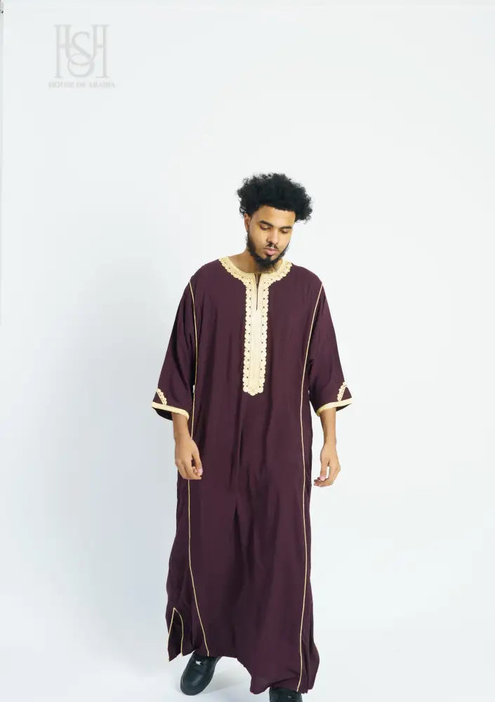Men’s Moroccan Thobe - Maroon with Gold Embroidery