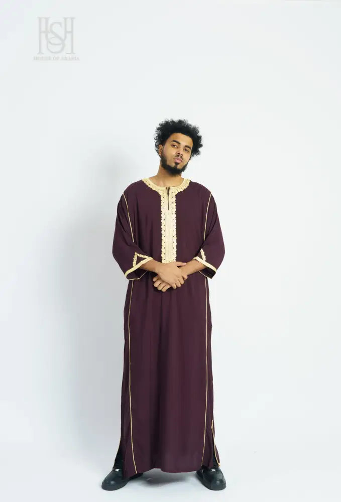 Men’s Moroccan Thobe - Maroon with Gold Embroidery