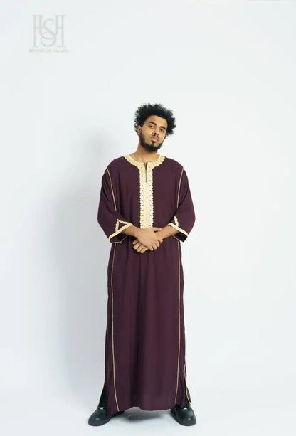 Men’s Moroccan Thobe - Maroon with Gold Embroidery