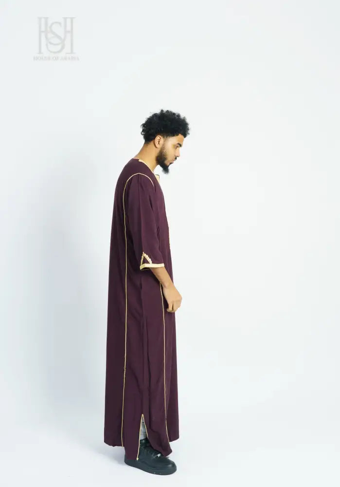 Men’s Moroccan Thobe - Maroon with Gold Embroidery