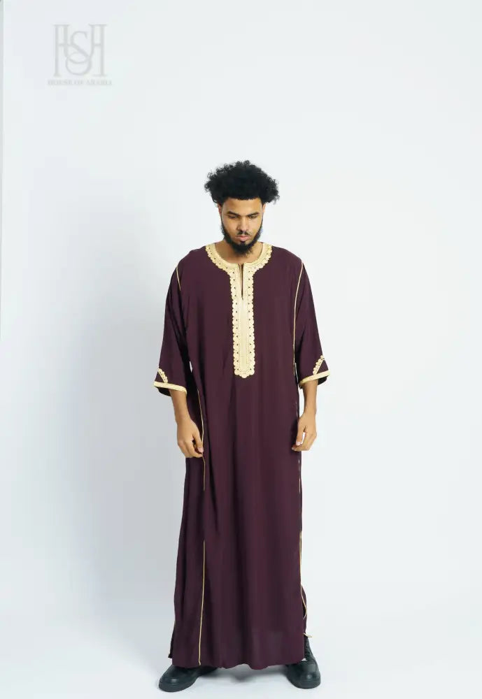 Men’s Moroccan Thobe - Maroon with Gold Embroidery