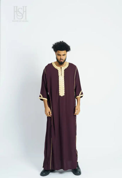 Men’s Moroccan Thobe - Maroon with Gold Embroidery